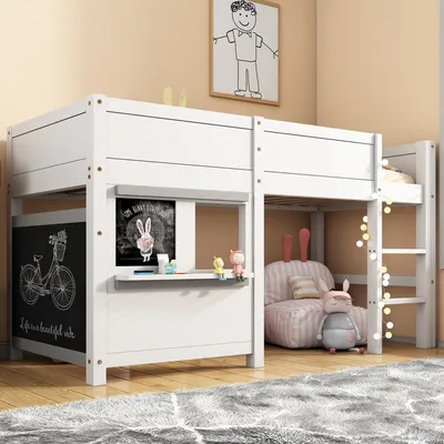 Produktbild von Hochbett, Kinderbett mit Lattenrost und Leiter, 90x200 cm, Holzbett aus Kieferholz, Einzelbett mit Rausfallschutz