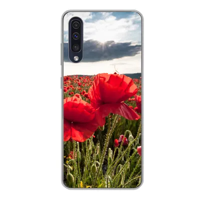 Produktbild von MuchoWow® Handyhülle Schutzhülle Hülle für Samsung Galaxy A50 Mohnblumen vor einem dramatischen, stürmischen Himmel Silikon Softcase Handy Hülle - Mobiltelefonhülle