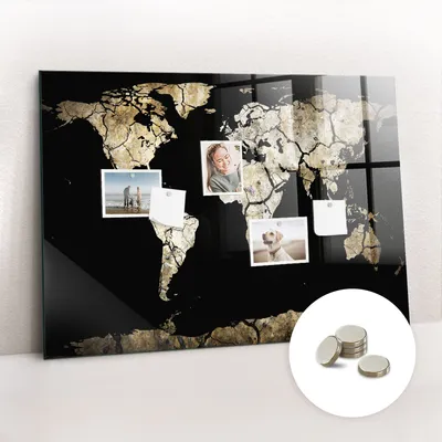 Obrázek produktu pro Magnetická Tabule na Zeď Skleněná - Memo Board Kleněnou Přední Stranou - 5 magnetů v balení - 100x70 cm - Mapa světa sucho