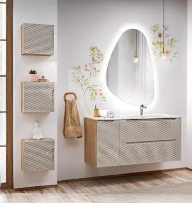 Productafbeelding van Badmeubelset 6-delig, badkamerinrichting LAXY, eikenhout, beige, met wandkast links, inclusief wastafel