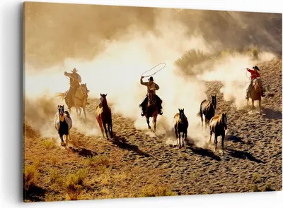 Produktbild von Bild auf Leinwand - Leinwandbild - Cowboys Pferde Galopp - 120x80cm - Wand Bild - Wanddeko - Leinwanddruck - Bilder - Kunstdruck - Wanddekoration - Leinwand bilder - Wandkunst - AA120x80-2693