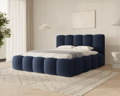 Produktbild von MOEBLO Polsterbett Bubble Bett 18 – Doppelbett Wolkenbett mit Riviera Samt-Velours, gepolstertem Kopfteil, Bettkasten, Gasfedermechanismus und Lattenrost - 180x200 cm - Dunkelblau (Riviera 81)