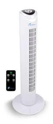 A white tower fan with a remote control.