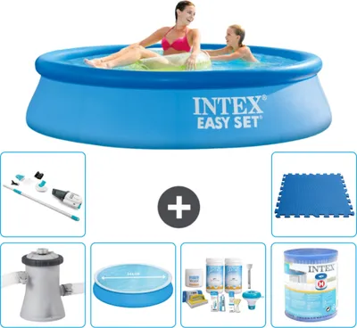 Produktbild von Intex runder aufblasbarer Easy Set-Schwimmpool – 244 x 61 cm – Blau – inklusive Pumpe Sonnensegel - Wartungspaket - Filter - Staubsauger - Bodenfliesen