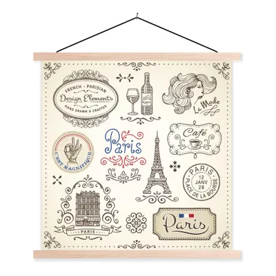 Produktbild von MuchoWow® Textilposter Paris - Zeichnung - Wein 60x60 cm mit holzfarbenen Rahmen - Wanddekoration