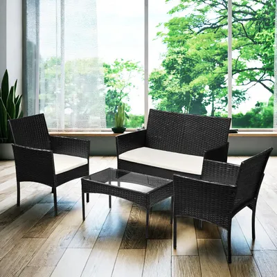 Produktbild von Vigevee Gartenlounge Set 4-teilig aus Polyrattan mit Cremeweißen Kissen, Schwarz