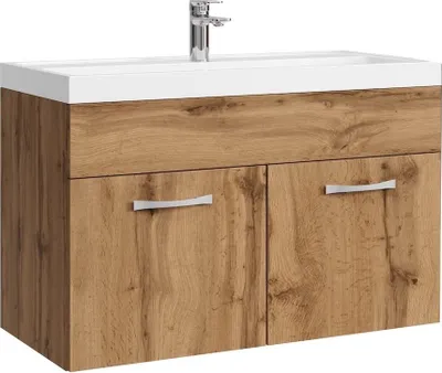 A bathroom vanity set with a sink and cabinet.