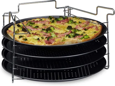 Immagine prodotto di Piastra per pizza con supporto - Set di 4 - 20 x 32 x 32 cm - Teglia per pizza - 270°C - Rivestimento antiaderente - Grigio antracite