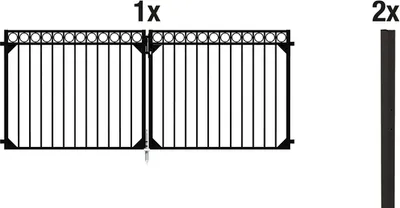 Two black metal gates are shown side-by-side, with text indicating quantities.