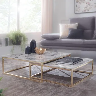 A living room scene with a sofa, coffee table set, and a plant.