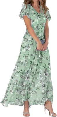Produktbild von ASKSA Damen Sommerkleid Blumendruck Lang Ruesche Kurzarm V Ausschnitt Strandkleider Boho Beach Midikleid Freizeitkleid (Hellgruen,S)