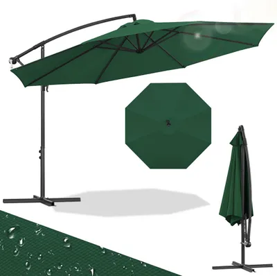 Image de Parasol Izrielar 3,5 m vert Parasol de jardin avec manivelle, protection UV 50+, inclinable, armature en fer robuste, pied en croix inclus, idéal pour le jardin et la terrasse