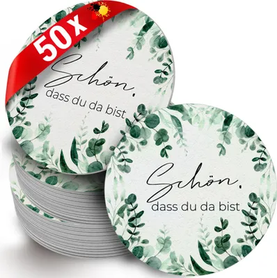 Produktbild von 50 Bierdeckel Schön dass du da bist, Greenery Eukalyptus, Hochzeit Rund 10,7cm