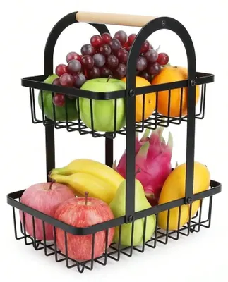 Produktbild von 2-stöckiger Obstkorb - Küchenarbeitsplatte Obstständer - Holzgriff - Tragbar - Aufbewahrungskorb für Obst Brot Snacks - Schwarz