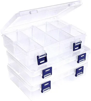 Produktbild von Ibenzoa® 3er-Set flexible Aufbewahrungsboxen aus umweltfreundlichem Kunststoff, transparent mit verstellbaren Fächern, 20 x 13,3 x 4,6 cm, 411 g – für Schmuck & Bastelzubehör