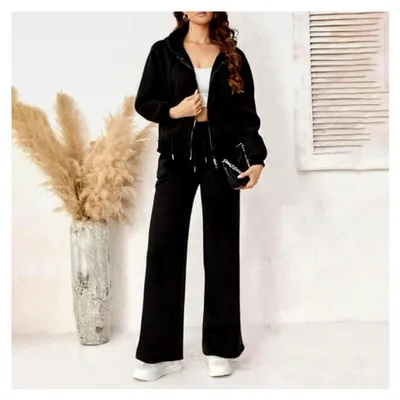 Produktbild von Jogginganzug für Damen mit Reißverschluss, Sweatjacke mit Kapuze und Jogginghose, 2-teilig, einfarbig, langärmlig, Freizeitanzug für Sport und Fitness