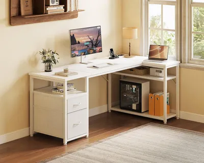 Zdjęcie produktu dla Biurko narożne w kształcie litery L, białe - 140x80 cm, blat, metalowa konstrukcja, z szufladami i portami USB - idealne do pracy w domu i do gier