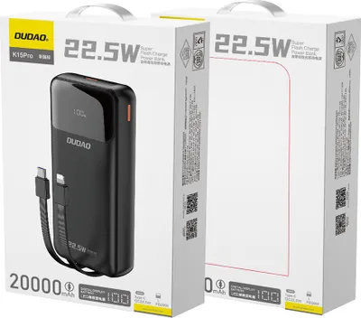 Obrázek produktu pro DUDAO K15Pro 20000mAh 22.5Watt 2x cable Black, 20000 mAh, Lithium-polymerová (LiPo), Černá