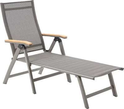 Produktbild von Dehner Gartenliege Colmar, Sonnenliege mit verstellbarer Rückenlehne, 66 x 105 x 180 cm (B/H/T), Sitzhöhe 35.5 cm, Aluminium / Textilene / FSC® es Teakholz, grau / dunkelgrau / hellbraun