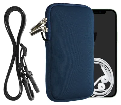 Produktbild von kwmobile Handytasche für Smartphones L - 6,5" - Neopren Handy Hülle Marineblau mit Kordel - Handy Tasche mit Handykette 16,5 x 8,9 cm Innenmaße