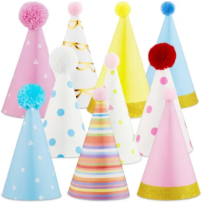 10 bunte Partyhüte mit Pompon für Kindergeburtstage, 15 cm