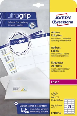 Obrázek produktu pro 840 AVERY Zweckform adresní štítky L7160-40 bílé 63,5 x 38,1 mm