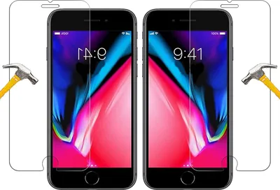 Two iPhone screen protectors are shown, with hammers positioned to demonstrate their durability.