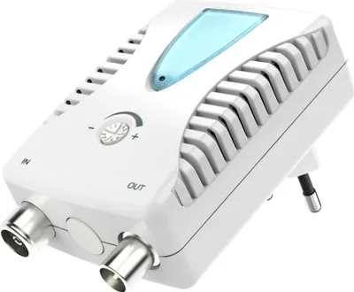 A white electronic device with silver connectors and a blue illuminated panel.