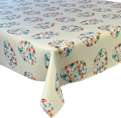 Zdjęcie produktu dla Obrus plamoodporny nadruk wielkanocny kwiat pisanka beżowy 120x120 cm
