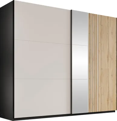 Produktbild von MIRJAN24 Kleiderschrank Evora 250 mit zwei Schiebetüren zwei Schubladen drei Kleiderstangen, Frontspiegel (Farbe: Schwarz / Cashmere + Wotan Eiche)