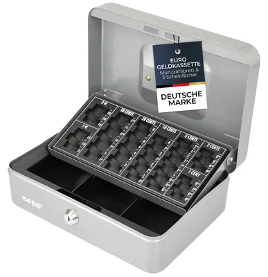 Geldkassette mit einem Euro-Münzzählbrett von HMF mit 25 cm Breite in Silber