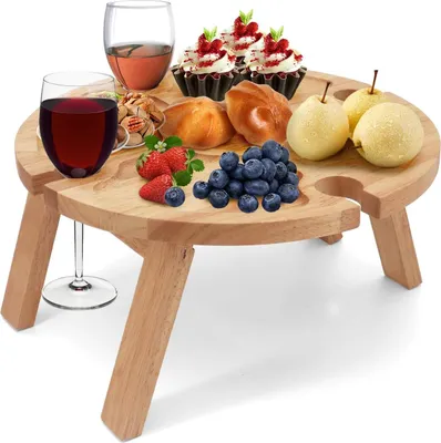 Produktbild von Klappbarer Picknicktisch aus Holz, Faltbarer Picknicktisch, mit Rotweinglashalter, Outdoor Weintisch Picknicktisch Klappbar Kleiner Strandtisch fš¹r Garten Reisen Camping Picknick Strand