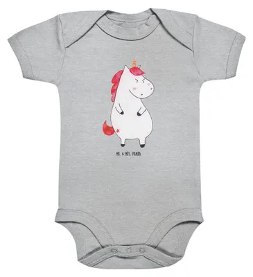 Produktbild von Mr. & Mrs. Panda Strampler Baby Einhorn Wut 3. - 6. Monat - Heather Grey - Geschenk, Unicorn, Büro, Nein, Einhörner, Babybody, babykleidung body, kurzarm, Kurzarmbody