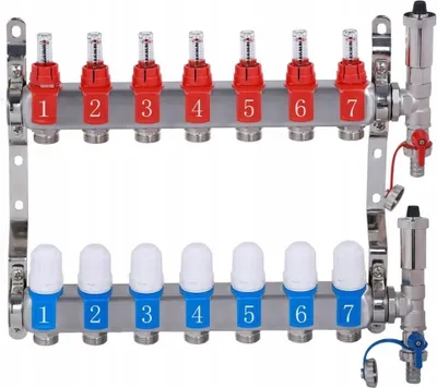 Produktbild von Rohrverteiler Für 7 Fussbodenheizungskreise Mit Durchflussmessern Aus Stahl