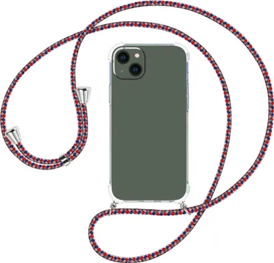 Produktbild von Handykette Backcover-Schutzhülle mit Band (Metall silberfarben) für Apple iPhone 15 Plus - silber/blau/rot
