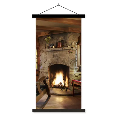 Produktbild von MuchoWow® Textilposter Brennendes Feuer in einem Kamin 40x80 cm mit schwarzem Rahmen - Wandemalerei