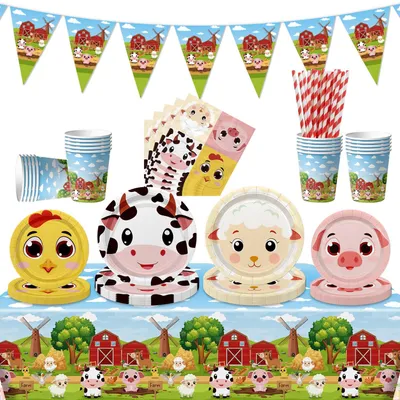 Imagen del producto de Set de decoración con motivos de granja, ideal para fiestas infantiles: servilletas, platos, manteles, banderines