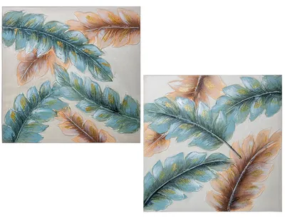 2er-Set Leinwandbilder Blätter, beige-blau, 60x3x60 cm