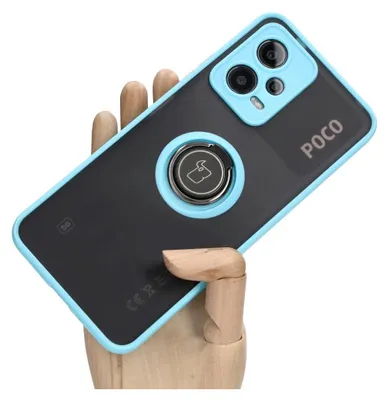 Produktbild von Bizon Case Hybrid Ring Fingerring Hülle für Xiaomi Poco X5 / Redmi Note 12 5G, Rauch mit hellblauem Rahmen
