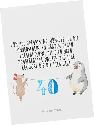 Produktbild von Mr. & Mrs. Panda Postkarte 40. Geburtstag Maus Pinguin - Weiß - Geschenk, Feier, Ansichtskarten, Einladung Geburtstag, Kuchen, Ansichtskarte, Party, Einladungskarte