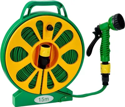 Immagine prodotto di Tubo da giardino - Tubo dell'acqua in PVC con pistola a spruzzo - 15 m - 5 tipi di getto - Per rubinetti da 1,27 cm e 1,9 cm