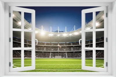 Produktbild von Wallario Wandbild aus Acryl, 60 x 90 cm, freischwebende Optik - Fußballstadion Mittellinie mit Fenster-Illusion