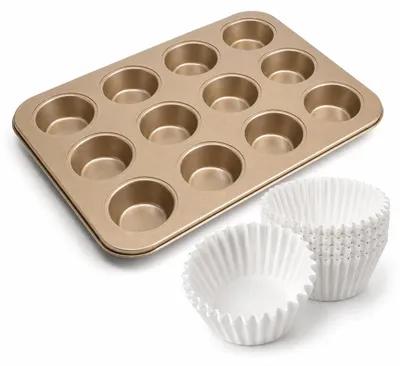 Obrázok produktu pre 12 formičiek na muffiny s 500 kusmi bielych jednorazových formičiek na cupcakes, nepriľnavá forma na pečenie cupcakes z uhlíkovej ocele (zlatá)