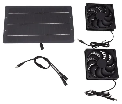 Immagine prodotto di Set ventilatore con pannello solare da 10 W, resistente alle intemperie, con doppio scarico, montaggio a parete, per pollai, serre, capannoni