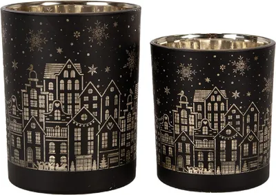 Produktbild von Clayre & Eef Teelichthalter 2er Set Ø 9x10 / Ø 10x12 cm Schwarz Glas Häuser