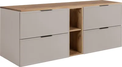 Produktbild von Badezimmerschrank, Kaschmir / Craft-Eiche, Schwarze Griffe, 140 ( 2 x 60 + 20) x 46 x 57 cm