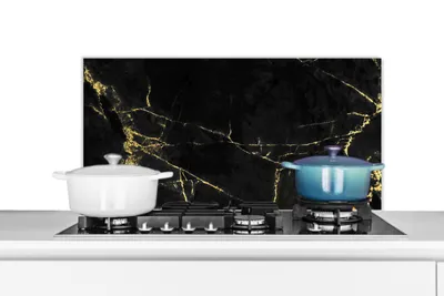 Obrázek produktu pro KitchenYeah® Kitchen splashback - Kuchyňský splashback - Ochrana stěny sporáku a dřezu - Mramor - Černá - Zlatá - 90x45 - Hliníkový dibond (alternativa ke skleněnému splashbacku) - Tepelně odolný - Splashback na sporák