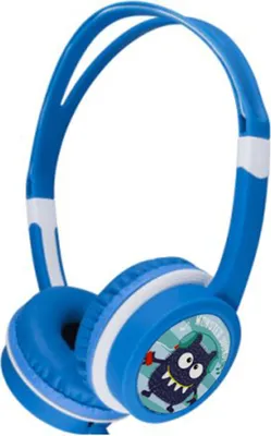 A pair of blue children's headphones with a cartoon monster graphic on the earcups.