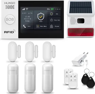 Produktbild von HUXGO HXA007 Alarmanlage Haus WiFi + GSM 4G mit Funk Sirene, Alarm System mit 3x Bewegungssensor und 3x Tür- Fenstersensor, Alarmanlage für Wohnung, Haus, Garage, Tuya Smartlife App