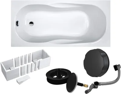 Produktbild von VBChome Acrylbadewanne 170 x 70 cm Weiß mit Styroporträger und Schwarz Siphon - Modern, langlebig und wärmeisolierend, perfekt für das Badezimmer